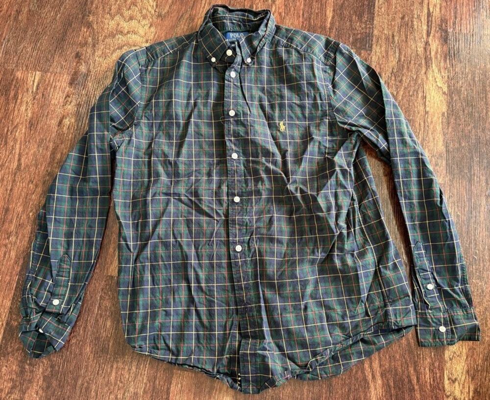 Polo Ralph Lauren Boys XL Green Plaid Button Down Shirt Natural Stretch EUC